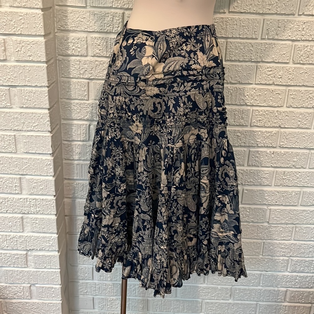 RALPH LAUREN Blue Floral Ruffled Midi Skirt